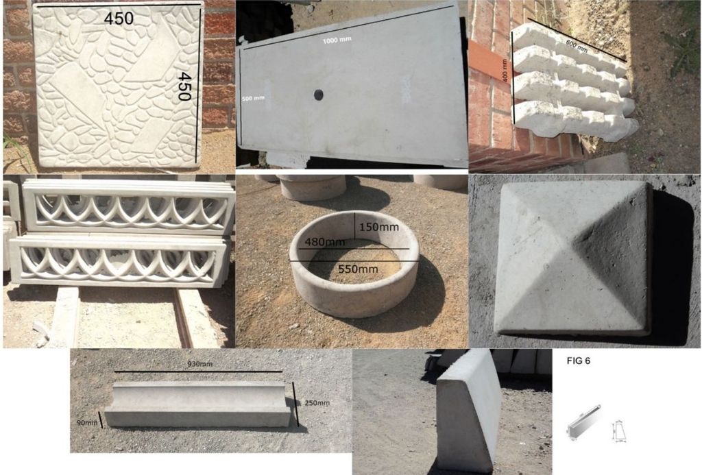 A collection of various civil and landscaping concrete products like kerbs and paving blocks.