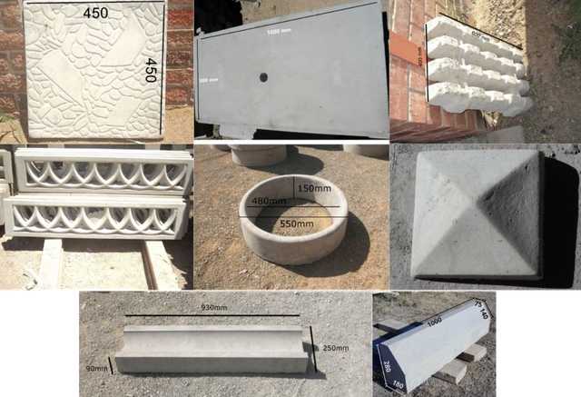 A collection of various civil and landscaping concrete products.